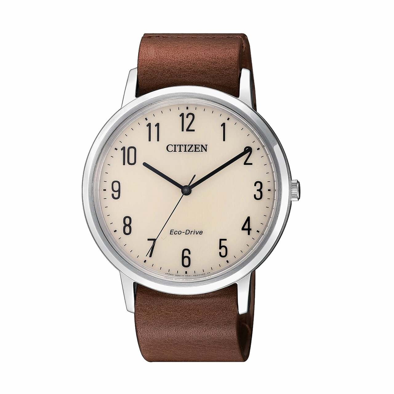 Citizen BJ6501-28A Eco-Drive Watch featuring an off-white dial and brown leather band, showcasing its elegant design and stainless steel case.